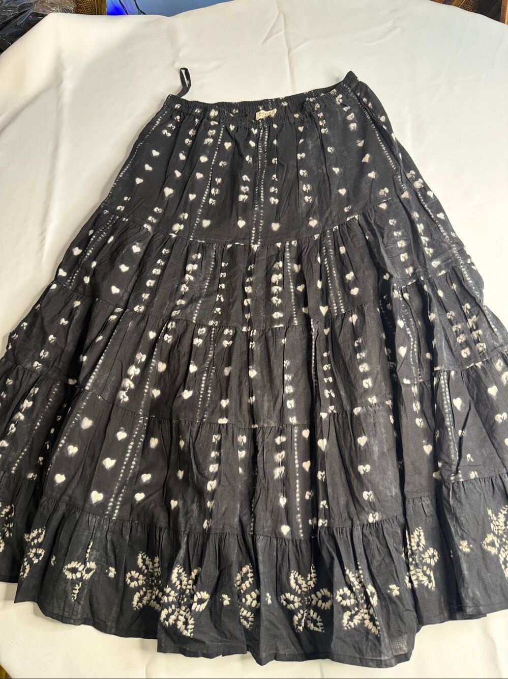 Novica Bloom Heart Black Tie Dye Tiered Boho Chic Skirt Size Medium